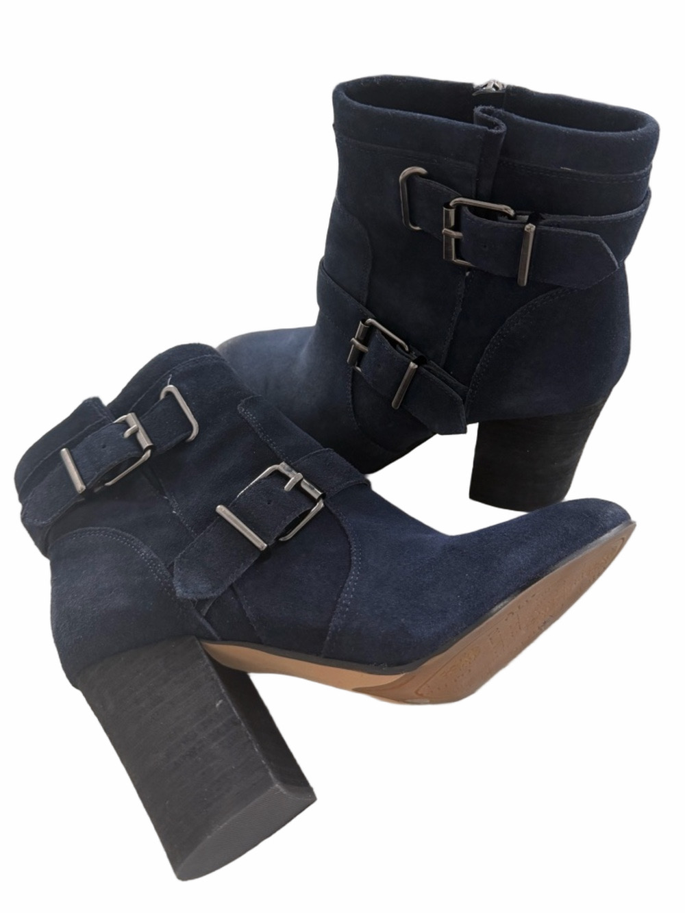 Vince Camuto Simlee Navy Suede Buckle Ankle Boots 7.5 M EUC - Picture 2 of 7